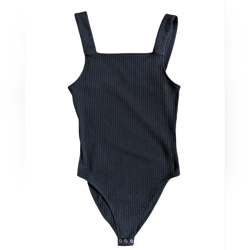 Arizona Tank Bodysuit Black Ribbed Knit Square Neck L